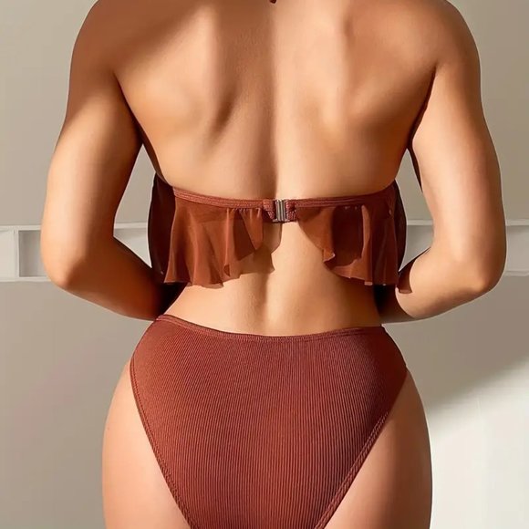 Caramel Solid Color Two Piece Bikini Sets Swimsuit, Halter Neck High Waist - Picture 8 of 10